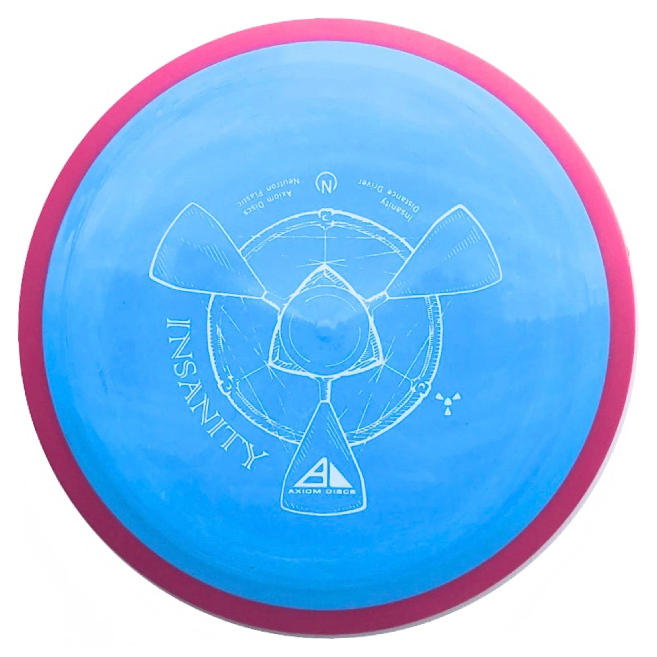 Blue and pink disc golf disc with a white design.